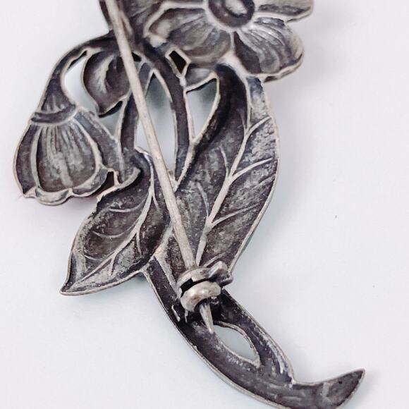 VTG 1930s 1940s Silver Enamel Floral Flower Brooch Mid Century Jewelry EUC - Picture 7 of 9